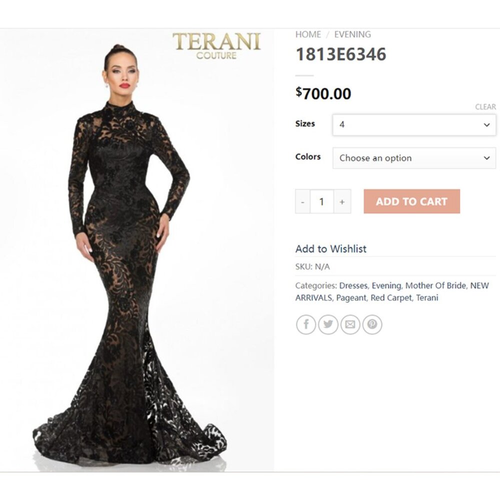 TERANI Long sleeved Mermaid Black Lace Prom Dress with high neck M2507